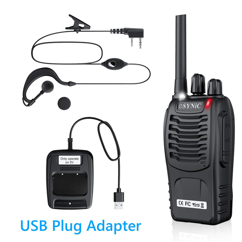 eSynic Rechargeable Walkie Talkies with Earpieces 2pcs Long Range Two-Way Radios 16 Channel UHF USB Cable Charging Walky Talky Handheld Transceiver with Flashlight