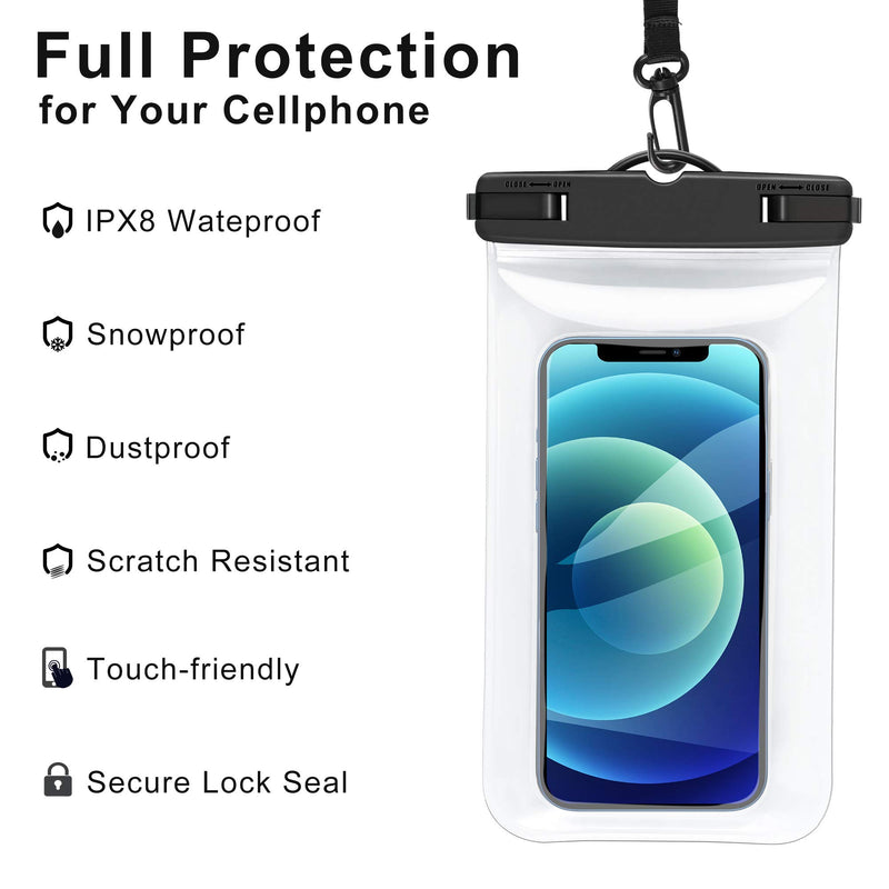 AINOYA Universal Waterproof Case 2 Pack, IPX8 Waterproof Phone Pouch Compatible with iPhone 12 Pro Max/Galaxy s21 Ultra/Pixel 5a /oneplus 9 pro up to 7" (Black) Black