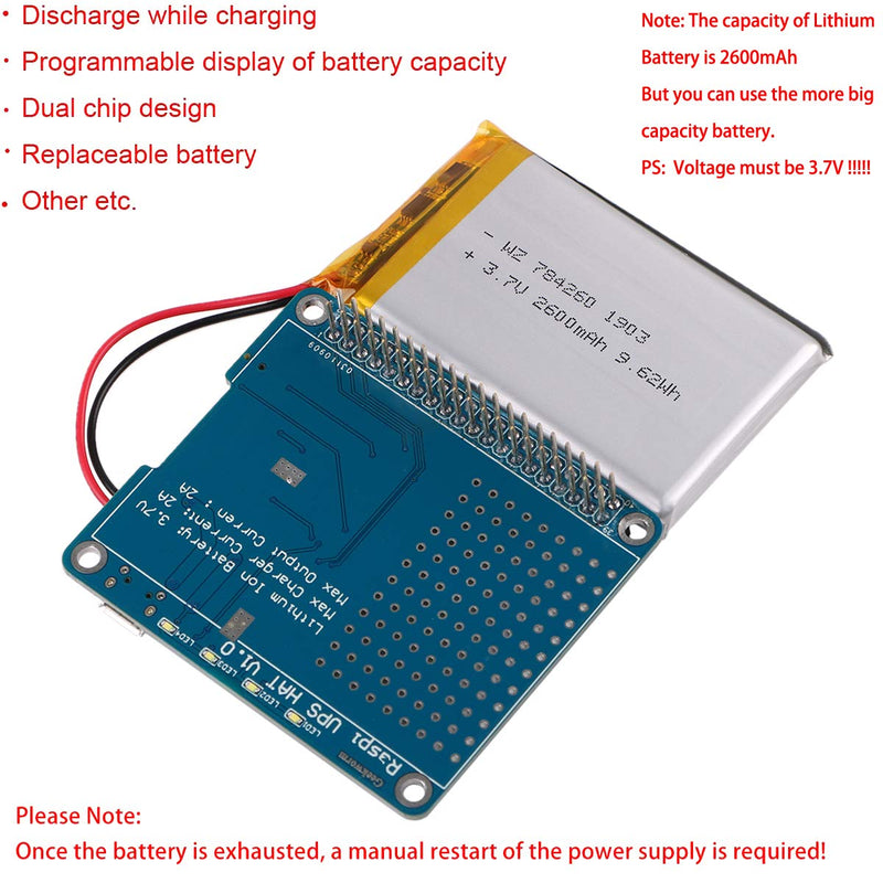 MakerFocus Raspberry Pi 3 Battery Pack, Raspi UPS HAT Board(USB Battery Pack Raspberry Pi) Expansion Board Power Supply with 2600mAh Lithium Battery for Raspberry 3B+ 3B 2B+ Blue