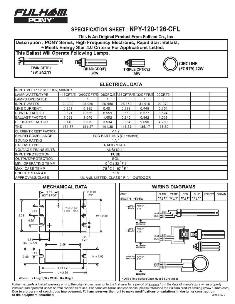 Fulham Lighting Fulham Pony Ballast, NPY-120-126-CFL