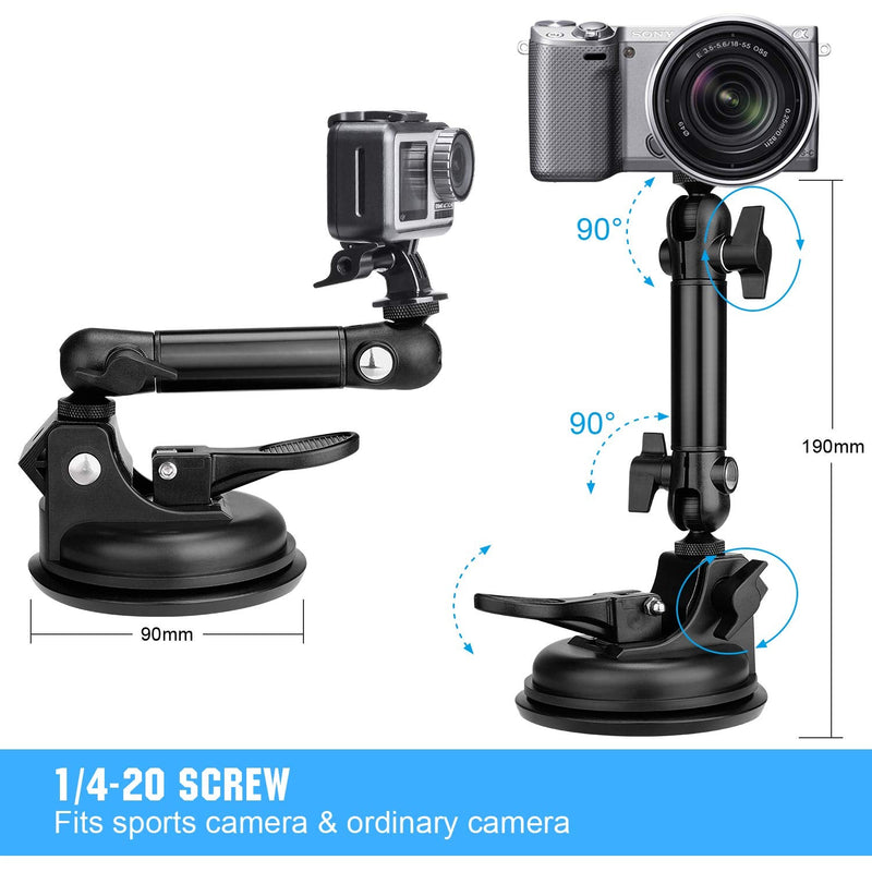 Super Ø90mm Adjustable Dual-Ball Head Action Camera Camcorder Phone Dashcam Suction Cup Race Car Mount Vehicle Cab Cockpit Windscreen Window Holder for GoPro Sony iPhone Hi-Speed Time Lapse Vlogging Camera suction cup mount