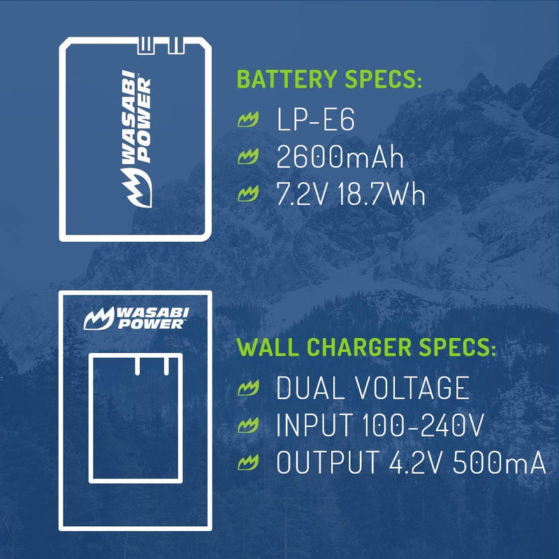Wasabi Power LP-E6, LP-E6N Battery (2-Pack) and Charger for Canon EOS 5D Mark II/III/IV, 5DS, 5DS R, 6D, 6D Mark II, 7D, 7D Mark II, 60D, 70D, 80D, 90D, R, R5, R6, Ra, XC10, XC15, BMPCC 4K, BMPCC 6K 2 Batteries + Charger