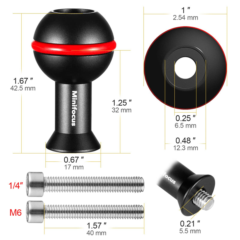 MINIFOCUS 1" Ball Adapter with M6 & 1/4" Threaded Stud, Aluminum Alloy Fixed Ballhead Mount Adapter for Action Camera & Camcorder Compatible Underwater Tray Bracket Flashlight System Upgrade M6&1/4-20