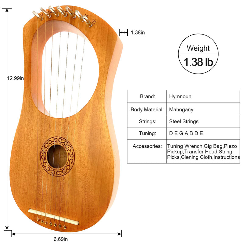 Hymnoun Lyre Harp, 7 Metal String Bone Saddle Lye Harp Mahogany String Instrument with Tuning Wrench Extra one Set String Piezo Pickup and Gig Bag… 7 String