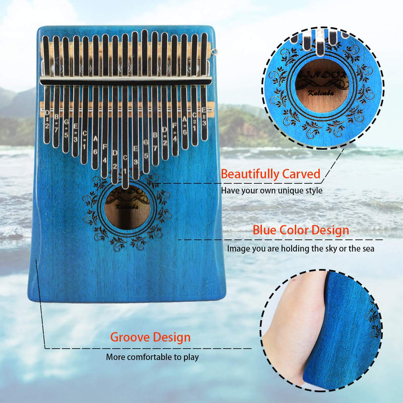 BinDor 17 Key Kalimba Thumb Piano, Finger Piano Mbira Kalimba Solid Mahogany Body Portable Easy-to-learn Musical Instrument with Tuning Hammer (Blue) Blue