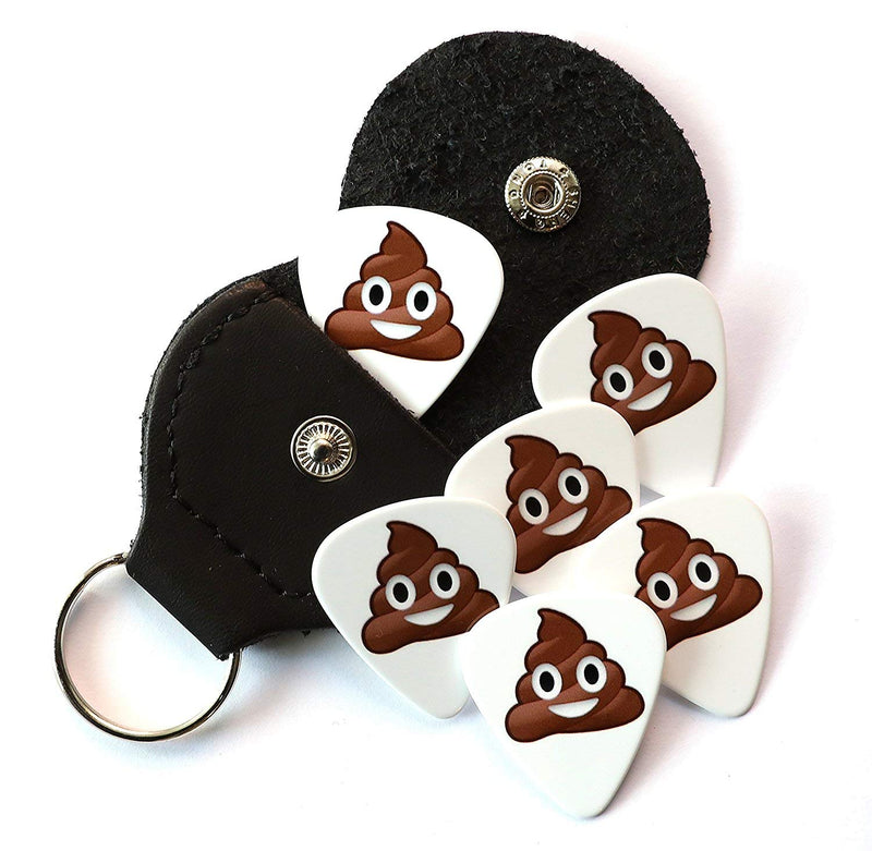 6 Poop Emoticon Guitar Picks With Leather Plectrum Holder Keyring