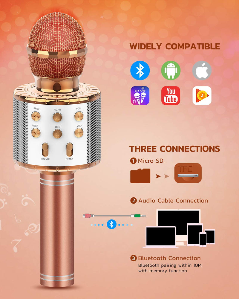 TECBOSS Kids Karaoke Microphone, 4 in 1 Portable Wireless Bluetooth Microphone Machine with LED Lights, Gifts Toys for Kids Girls Teens Adults Champagne