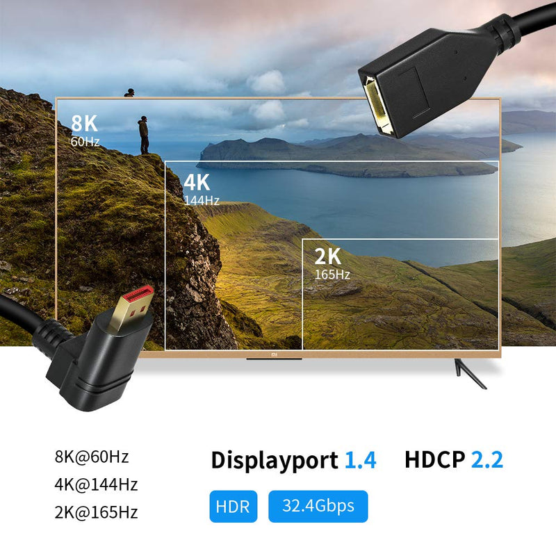4K/60Hz 90 Degree Angle Displayport 1.2 Extension Cable Displayport Male to Female Displayport 1.2 Cable Cord 4K@60Hz,2K@144hz 0.3M/1FT M2F 1FT Model B