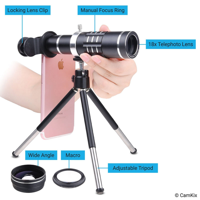 Universal 3in1 Lens Kit with 18x Telephoto + Macro + Wide Angle Lenses - Awesome Mobile Photography for Apple iPhone, Samsung Galaxy, etc. - Locking Lens Clip - Adjustable Tripod (for Telephoto Lens)
