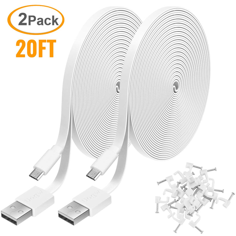 2 Pack 20FT Power Extension Cable Compatible with WyzeCam, Wyze Cam Pan, NestCam Indoor,Blink, Yi Camera,Amazon Cloud Camera,USB to Micro USB Durable Charging and Data Sync Cord(White) White