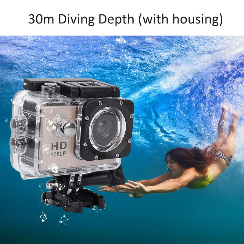 Action Camera, 1080P 30fps 12MP HD WiFi 30M Waterproof Sports Camera 2 Inch Touch Screen with Accessories for Vlogging, Diving, Skiing(Gold) Gold