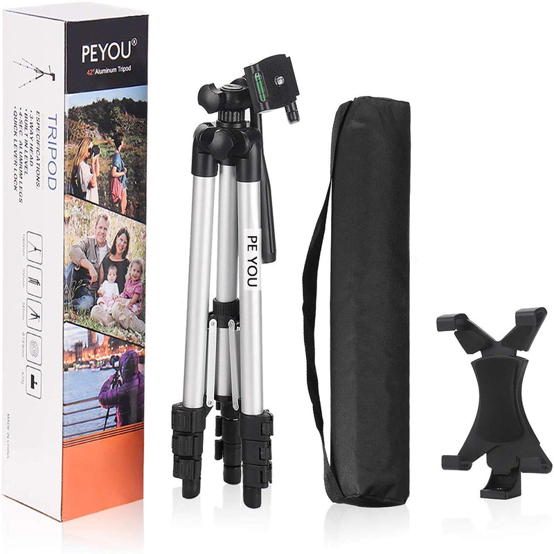 Peyou Tablet Tripod, 42" inch Portable Lightweight Adjustable Aluminum Camera Tablet Tripod + Universal Mount Tablet Holder + Wireless Remote Shutter Compatible for iPad Samsung Kindle Fire Tablet …