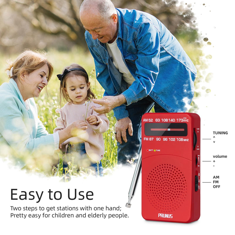 PRUNUS J-166 Small Transistor Radio AM FM, Battery Operated Radio with Tuning Light, Back Clip, Excellent Reception for Indoor & Outdoor & Emergency Radio, Small Radio, Portable Radio Red