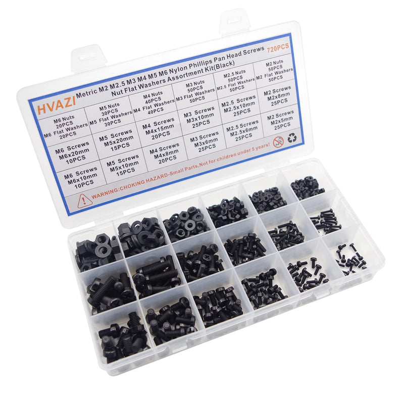 HVAZI Metric M2 M2.5 M3 M4 M5 M6 Nylon Phillips Pan Head Screws Nut Flat Washers Assortment Kit Black-M2M2.5M3M4M5M6