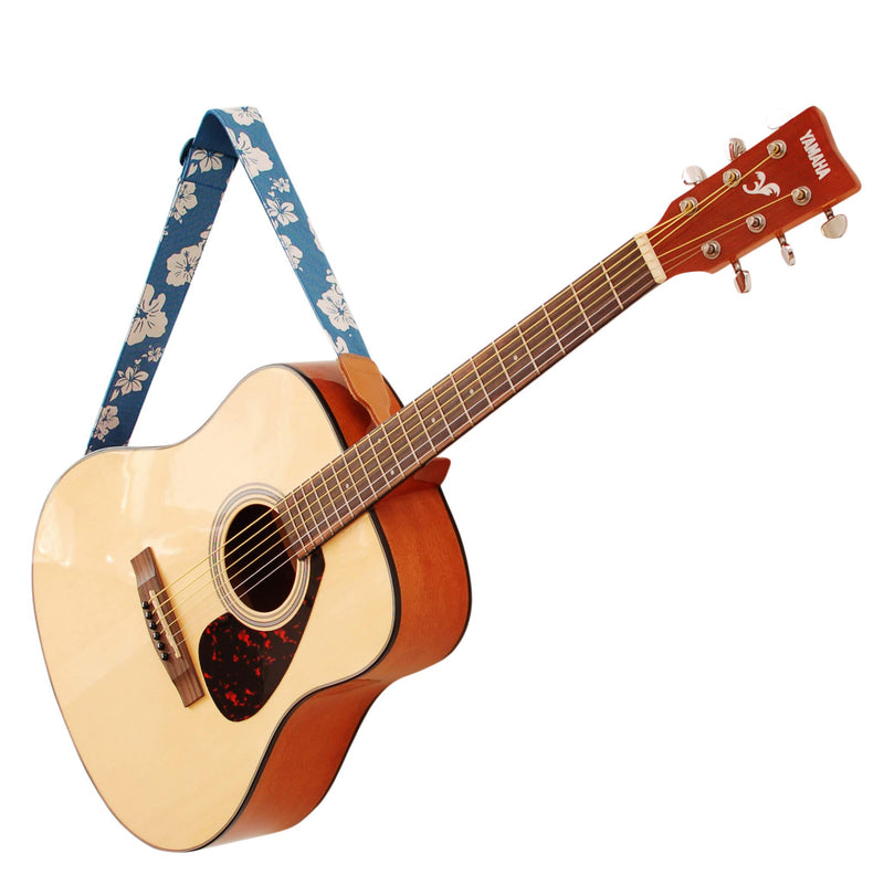 MUSIC FIRST Original Design, 2 inch width (5cm), Hawaii Style “Blue and White Plumeria” Soft Cotton & Genuine Leather Delux Guitar Strap, Ukulele Strap, Mandolin Strap, Salute ELVIS