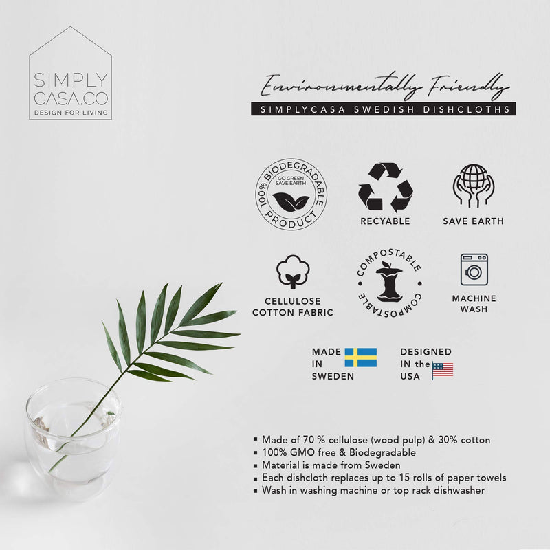 SIMPLYCASA Long Swedish Dishcloth Sponge Pack of 5, Eco-Friendly 100% Biodegradable Cellulose Sponge Cleaning Cloths, Kitchen Cloths, Cloth Made from Sweden 5 Pack - Assorted Solid Color