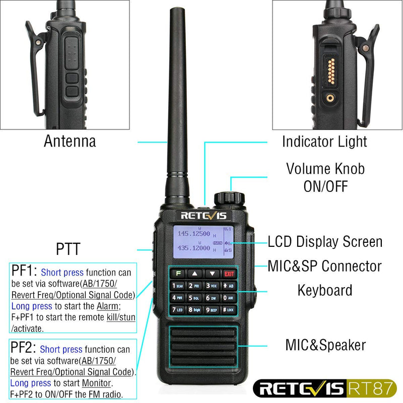 Retevis RT87 2 Way Radio Waterproof IP67,Long Range Walkie Talkie Rechargeable Dual Band High Power Two Way Radio, VOX DTMF MSK Tone (1 Pack)