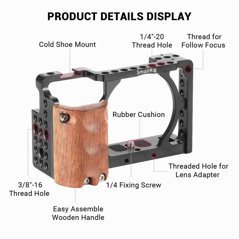 SMALLRIG Camera A6300 Cage for Sony A6000 / A6300 with Wooden Handle Handgrip - 2082