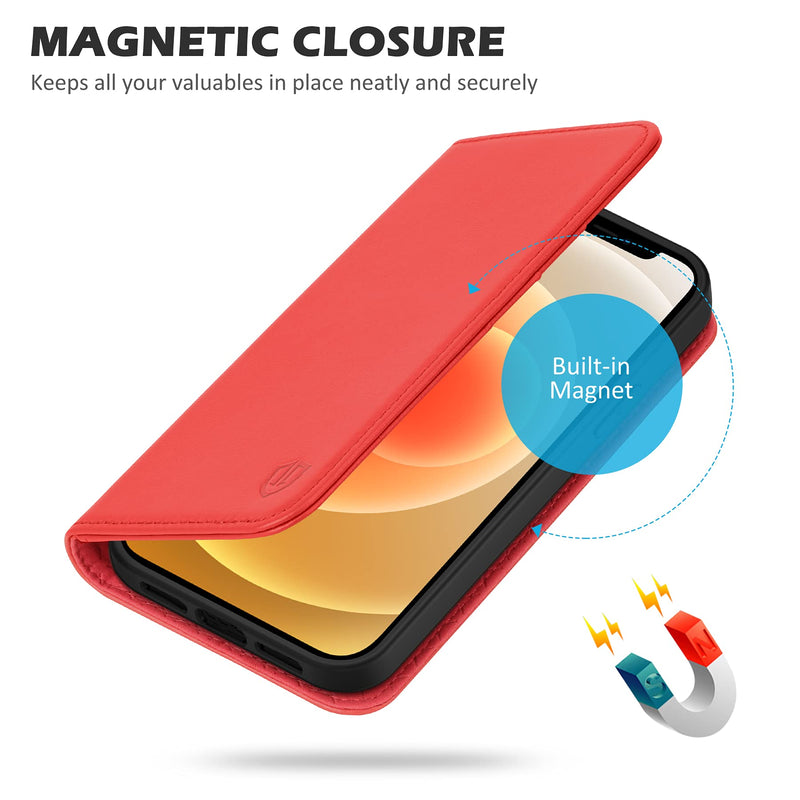 [AUSTRALIA] - SHIELDON Case for iPhone 13, Genuine Leather iPhone 13 Folio Wallet Magnetic Shock Absorbing Case RFID Blocking Credit Card Holder Kickstand Compatible with iPhone 13 5G (6.1-inch) - Red 