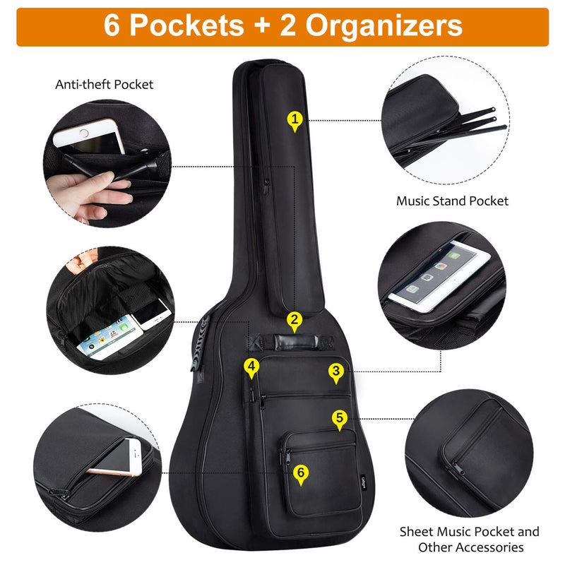 [AUSTRALIA] - CAHAYA 40 41 42 Inch Multi-pockets Acoustic Guitar Bag 6 Pockets 0.3 Inch Thick Padding Waterproof Guitar Case Gig Bag 
