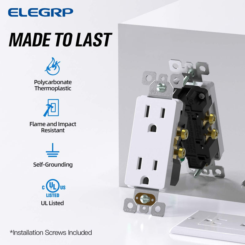 ELEGRP Decorator Receptacle, 15A 125V Standard Electrical Wall Outlet, 2 Pole 3 Wire, Non- Tamper Resistant, NEMA 5-15R, Self-Grounding Residential Grade Outlet, UL (Glossy White, 10 Pack) Non Tamper Resistant