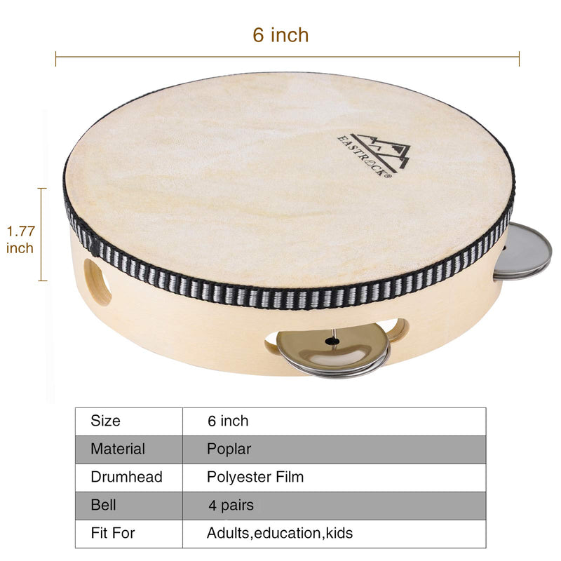 Eastrock Hand Held Tambourine Drum 6 inch Wood Tambourine Metal Jingles Percussion Musical Educational Toy Instrument for Church, KTV,Party (6 inch)