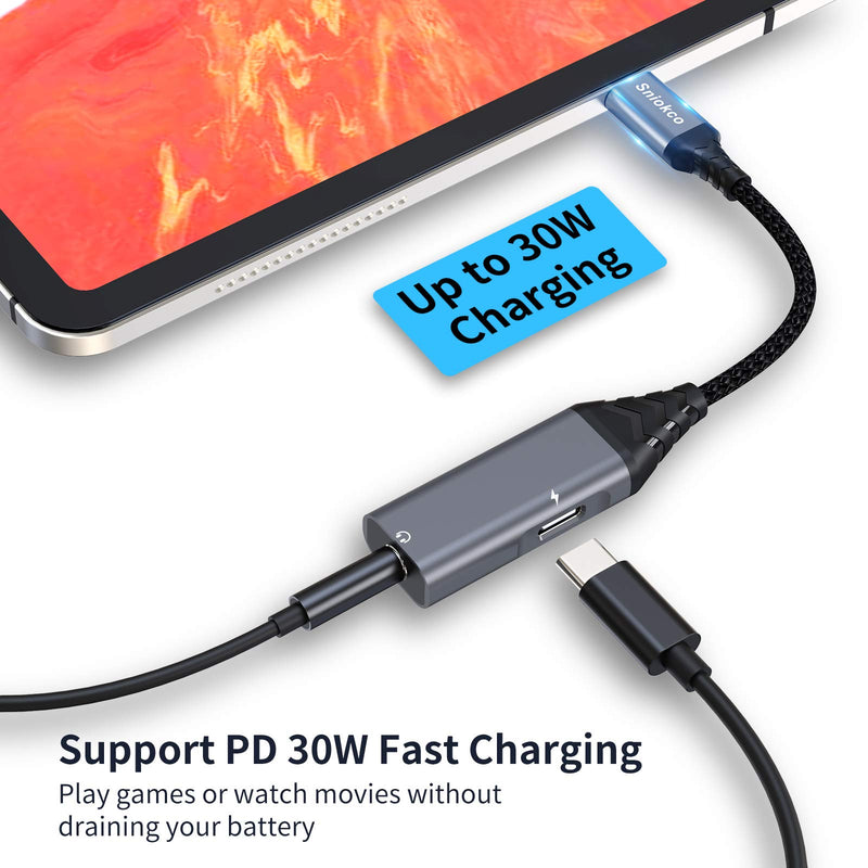 USB C to 3.5mm Headphone and Charger Adapter, Sniokco 2-in-1 Type C to 3.5mm Audio Adapter and 30W Fast Charging Converter for Stereo, Aux, Earphones, Compatible with Pixel, G,alaxy S20/S10, Pad Pro