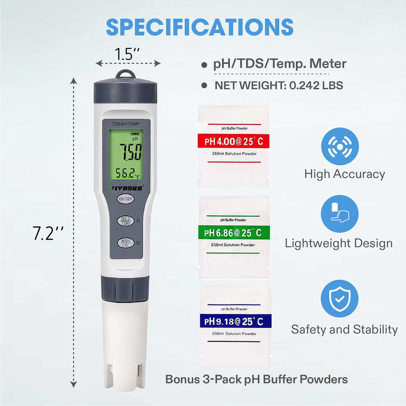 VIVOSUN 3-in-1 Digital pH Meter with ATC, ±0.1 pH Accuracy Water Quality Tester, 0-14.0 pH Measurement Range for Hydroponics, Household Drinking, Pool and Aquarium Gray