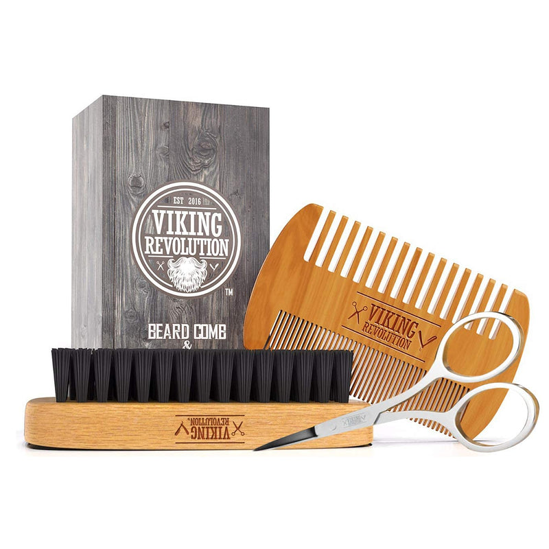 Viking Revolution Beard Comb & Beard Brush Set for Men - Natural Boar Bristle Brush and Dual Action Pear Wood Comb w/Velvet Travel Pouch - Great for Grooming Beards and Mustaches Brush & Comb Set