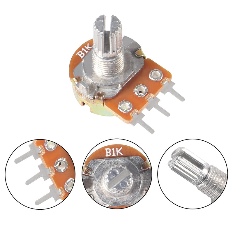 AITIAO 25Sets B1K Ohm Knurled Shaft Linear Rotary Taper Potentiometer WH148 B1K Single-Joint Variable Resistors 15mm Shaft 3Pins 1K Ohm Potentiometer with Nuts, Washers and Knob