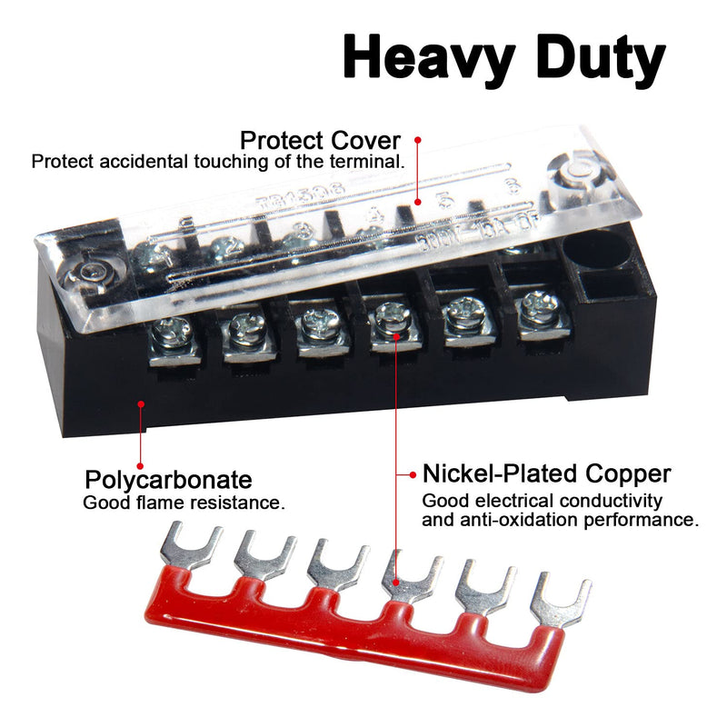 MILAPEAK Terminal Block and Strip - 6 Sets 4/5/6 Positions 600V 15A Dual Row Wire Screw Terminal Strip Block with Cover + 400V 15A Pre-Insulated Terminals Barrier Strips Jumpers (Black & Red) 15A 4/5/6P+Jumpers