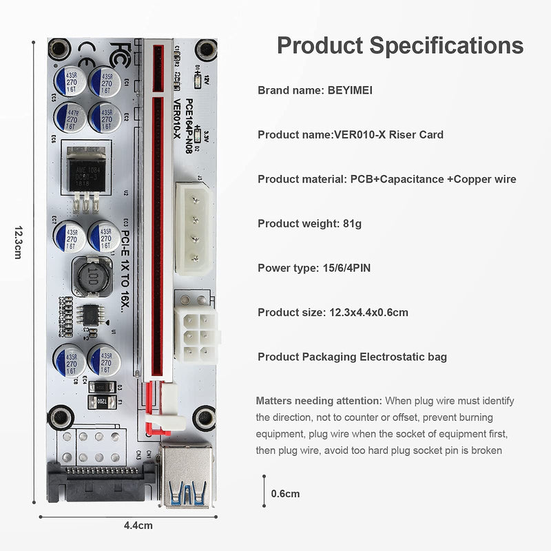 BEYIMEI PCI-E 1X to 16X Riser Card,GPU Riser Adapter Card,with 0.6 m USB 3.0 Extension Cable,6PIN / 4PIN / SATA Interface, for Bitcoin & Crypto Mining Ethereum Mining ETH(VER010-X, 6 Pack) PCI-E 1X to 16X Riser Card(VER010-X)