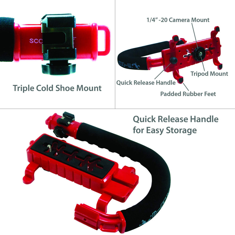 Cam Caddie Scorpion Jr Triple Shoe Camera Stabilizer - Collapsible Stabilizing Smartphone Handle Compatible with All DSLR, GoPro, Mobile Phones w/ 3-in-1 Integrated Cold Shoe - Red