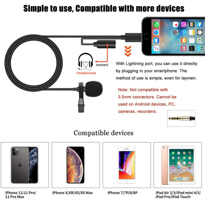 [AUSTRALIA] - lavalier Lapel Microphone for iPhone,Omnidirectional Mini mic Easy Clip-on Microphone for Interview, Studio, Video, Vlogging, YouTube/Music,Recording for iPhone/iPad/iPod (1.5m) 