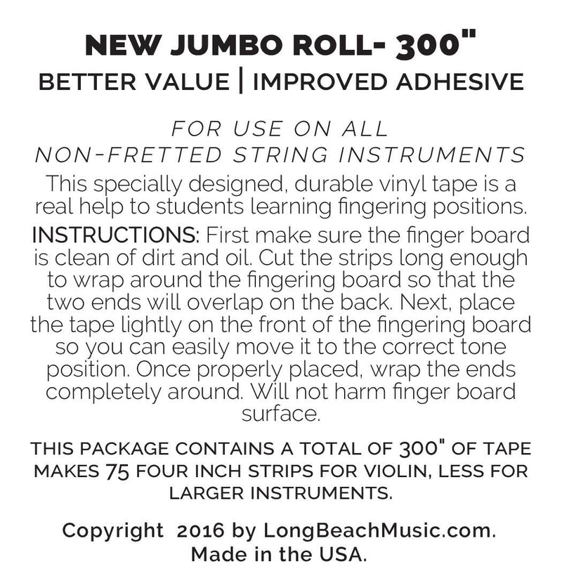 Jumbo BLACK Violin Fingering Tape 300" Inches for Fretboard Note Positions