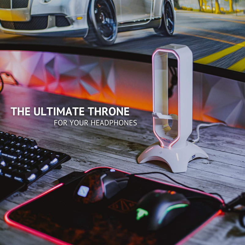 Tilted Nation RGB Gaming Headset Stand - 3 in 1 Design with Mouse Bungee and 2 Port USB 3.0 Hub - The Ultimate Gaming Accessory - Dynamic RGB Headphone Stand with USB Charger - White