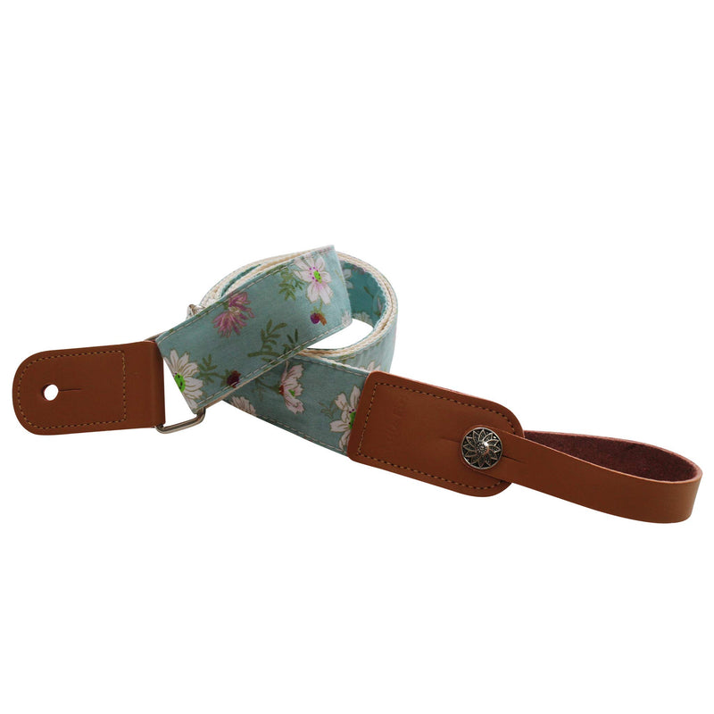 [AUSTRALIA] - MUSIC FIRST Original Design Vintage Blue “Daisy” Soft Cotton & Genuine Leather Ukulele Strap Ukulele Shoulder Strap With a MUSIC FIRST Genuine Leather Strap Locker 