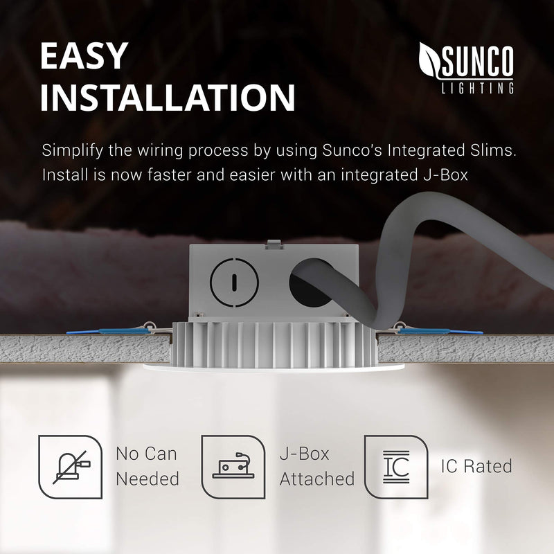 Sunco Lighting 4 Inch Slim LED Downlight, Integrated Junction Box,10W=60W, 650 LM, Dimmable, 5000K Daylight, Recessed Jbox Fixture, IC Rated, Simple Retrofit Installation - ETL & Energy Star