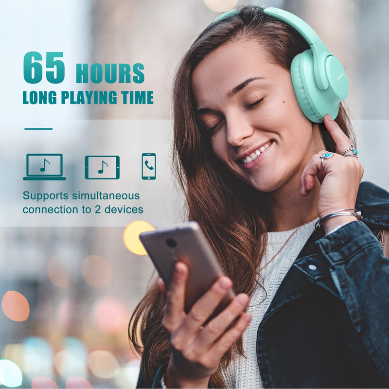 KVIDIO [Updated] Bluetooth Headphones Over Ear, 65 Hours Playtime Wireless Headphones with Microphone,Foldable Lightweight Headset with Deep Bass,HiFi Stereo Sound for Travel Work Cellphone (Green) Green