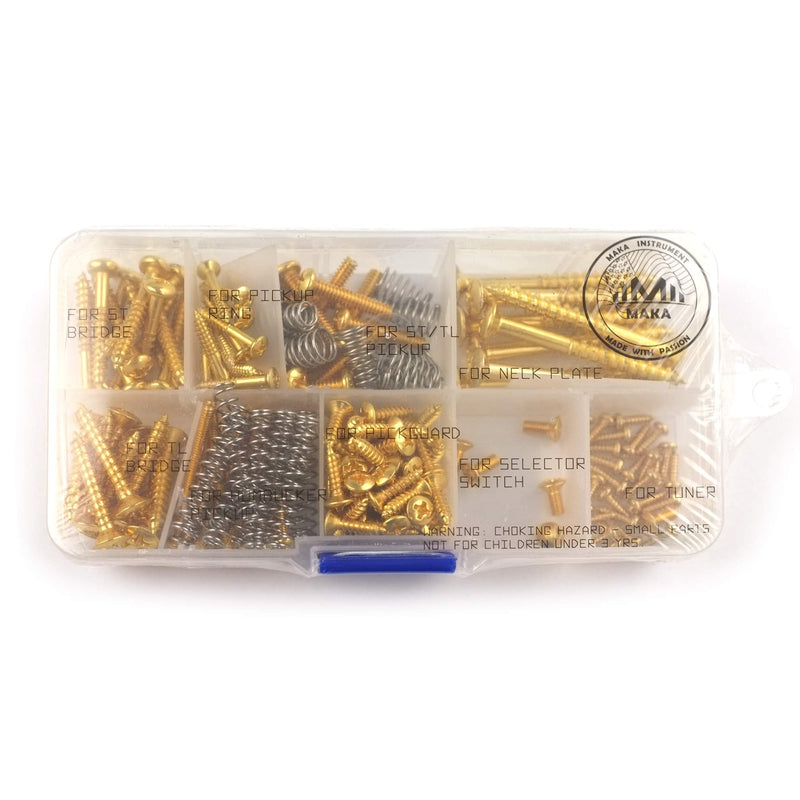 MAKA Guitar Screw Kit Assortment Box Kit for Electric Guitar Bridge, Pickup, Pickguard, Tuner, Switch, Neck Plate, with Springs, 9 Types, Total 149 Screws, Gold
