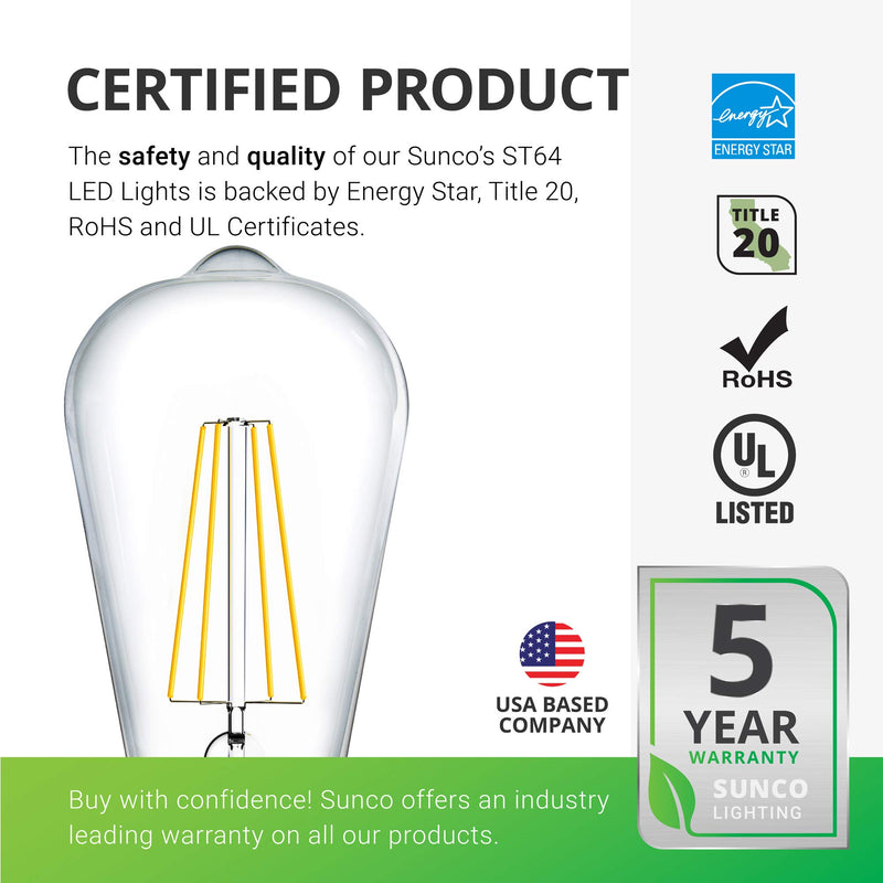 [AUSTRALIA] - Sunco Lighting 2 Pack ST64 LED Bulb, Dimmable, Waterproof, 8.5W=60W, 2700K Soft White, Vintage Edison Filament Bulb, 800 LM, E26 Base, Restaurant or String Lights - UL 