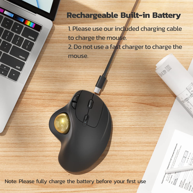 Wireless Trackball Mouse, Rechargeable Ergonomic Mouse, Easy Thumb Control, Precise & Smooth Tracking, 3 Device Connection (Bluetooth or USB), Compatible for PC, Laptop, iPad, Mac, Windows, Android Gold