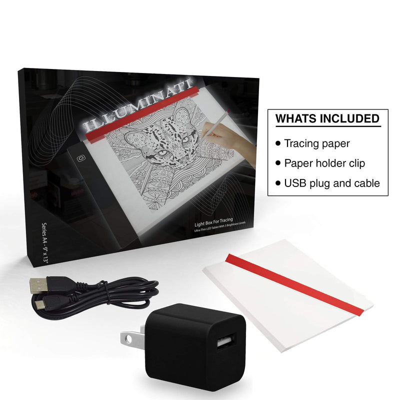 LED Light Box for Drawing and Tracing Portable Ultra-Thin Tracing Light Pad by Illuminati USB Powered A4 Bright Trace Table for Artists - Comes with Dimmable Brightness - Tracing Paper - Holder Clip