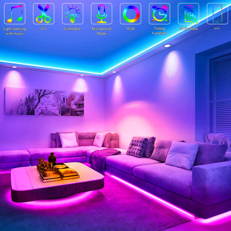 [AUSTRALIA] - 50ft Led Strip Lights Music Sync Color Changing 5050 RGB LED Light Strips Kit, Built-in Mic,App Control with Remote for Home Kitchen 