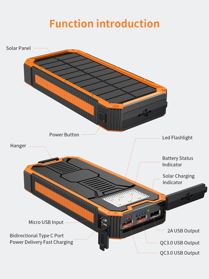 Power-Bank-Solar-Charger - 30000mAh Solar Power Bank, PD 20W Quick Charge,Drop-Proof Waterproof Dustproof Built-in LED Flashlight for iPhone, Tablet, Samsung and More USB Device(Orange) Orange