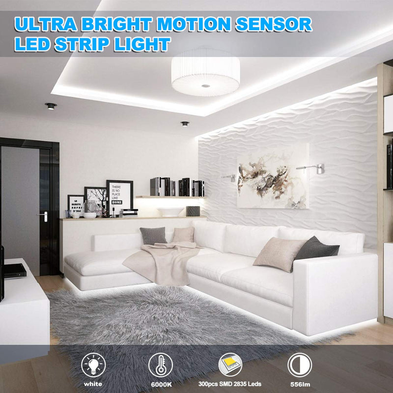 LED Strip Lights 16.4ft Motion Sensor LED Light Strip with Day or Night 2 Lighting Modes, 3 Timing Off Modes, 12V Plug-in White LED Tape Light for Under Cabinet, Kitchen, Stair, Bed, Room Decor