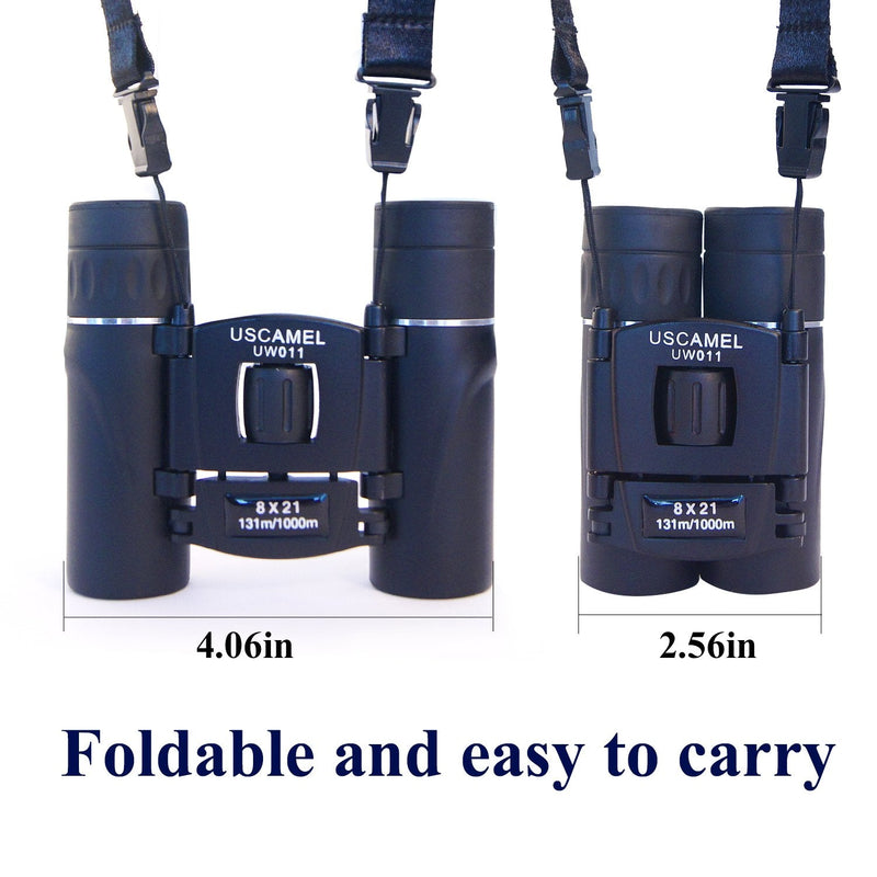 USCAMEL Folding Pocket Binoculars Compact Travel Mini Telescope HD Bak4 Optics Lenes Easy Focus 8x21 Colour Black