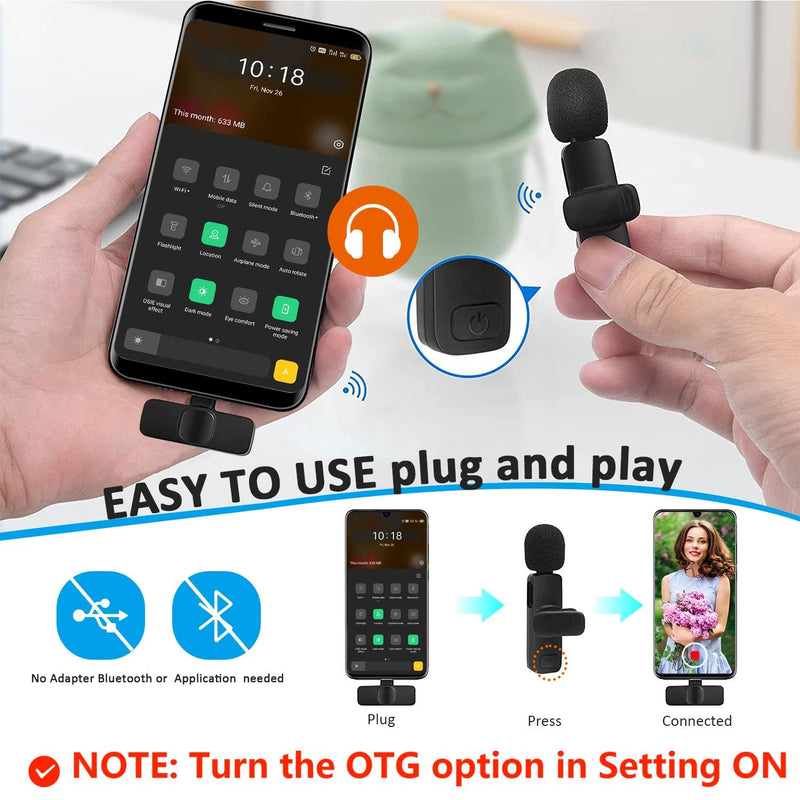 Professional Wireless Lavalier Lapel Microphone for Android Computer - Cordless Omnidirectional Condenser Recording Mic with USB C Interface for Interview Video Podcast Vlog YouTube Black