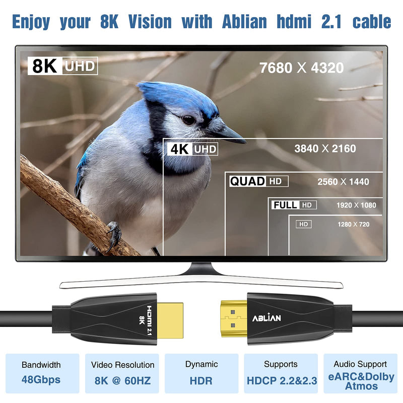 8K HDMI 2.1 Cable 6ft Certified Ultra High Speed HDMI Cable, 48Gbps 8K 60Hz 4K 120Hz Support Compatible with Apple TV Samsung QLED Sony LG PS5 6ft 8K copper