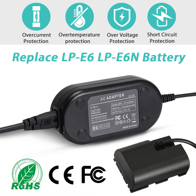 PowEver ACK-E6 Camera AC Power Adapter Replacement for LP-E6/LP-E6N Dummy Battery for Canon EOS 90D, 80D, 70D, 7D Mark II, 60D, 6D Mark II, 5D Mark II, 5D Mark III, 5D Mark IV, EOS R, R5, R6 Cameras
